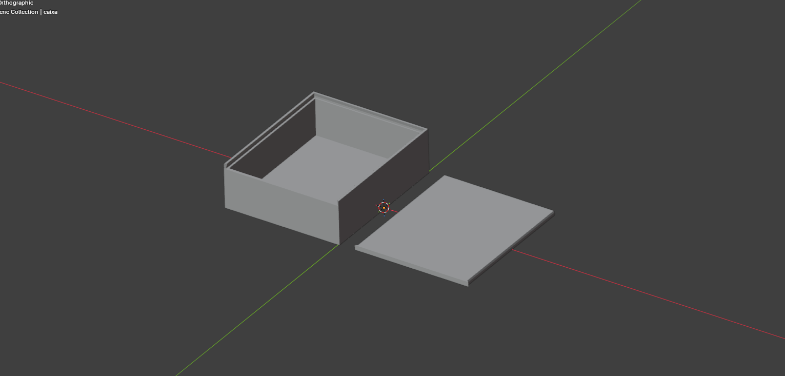 Modelo da caixa para chá no Blender, com o corpo aberto e a tampa separados na área de modelagem.