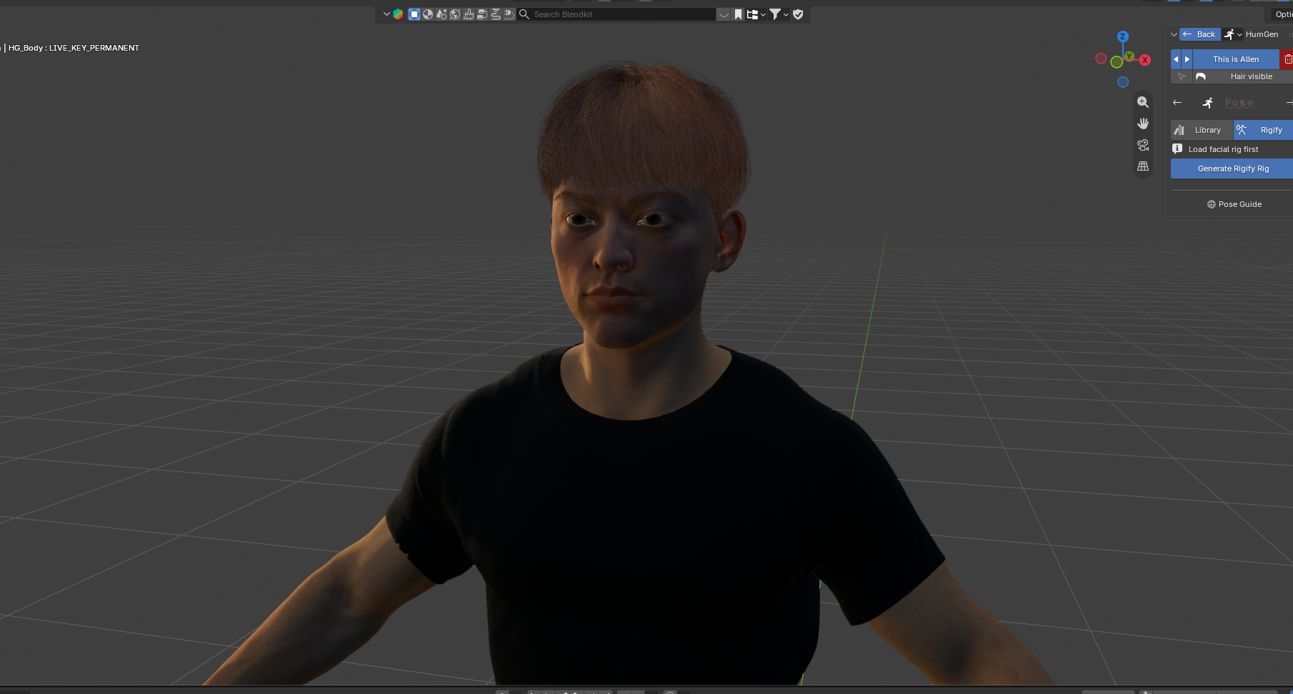 Personagem humano com cabelo castanho e camiseta preta, criado por Grasiele Bastos com Human Generator no Blender.